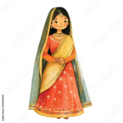 Watercolor Illustration of a Smiling Woman in Traditional Indian Attire