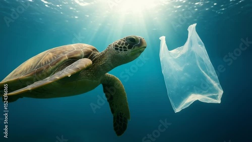 Sea turtle encounters plastic pollution in clear blue ocean