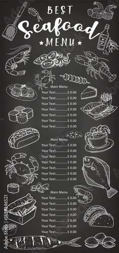 The seafood menu design prepared with hand-drawn on a chalkboard perfectly fits the vintage restaurant concept.
