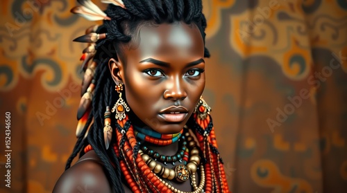 Portrait of african woman with tribal jewelry and feathers in hair stock photo