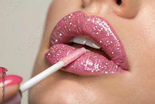 Sparkling Pink Lip Gloss Application Achieving a Glittery, Glamorous Look
