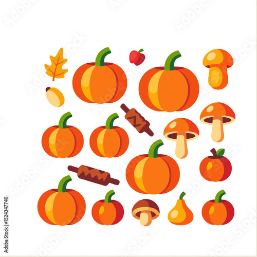 Autumn Harvest Flat Lay Illustration- Pumpkins- Mushrooms- Apples and Rolling Pins- Fall Season Design Elements- Festive Thanksgiving Theme- Colorful Seasonal Graphics