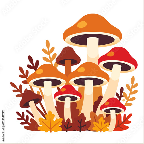 Autumnal Mushroom Cluster Illustration-Colorful Fungi with Fall Leaves-Whimsical Forest Floor Scene-Ideal for Nature Lovers and Seasonal Designs-Mushroom Art Print