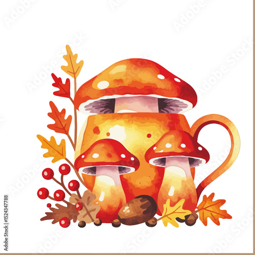 Autumn Watercolor Mushroom Tea Cup Illustration - Fall Leaves Berries and Acorns Decor - Whimsical Seasonal Art Print for Home Decor and Crafts