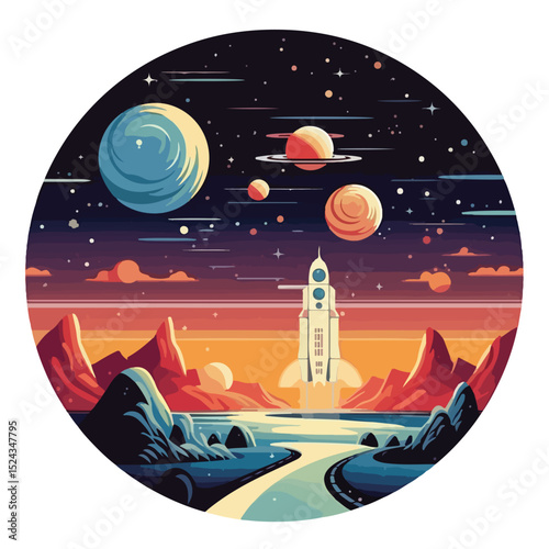 Futuristic Retro Video Game Pixelated Scene Vector Illustration for Space Games