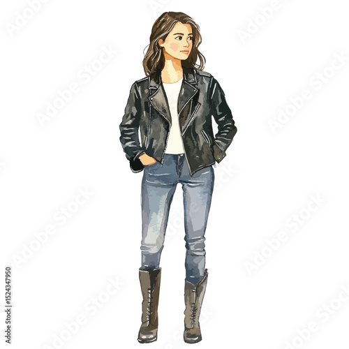 Watercolor illustration of a stylish woman in a leather jacket and boots