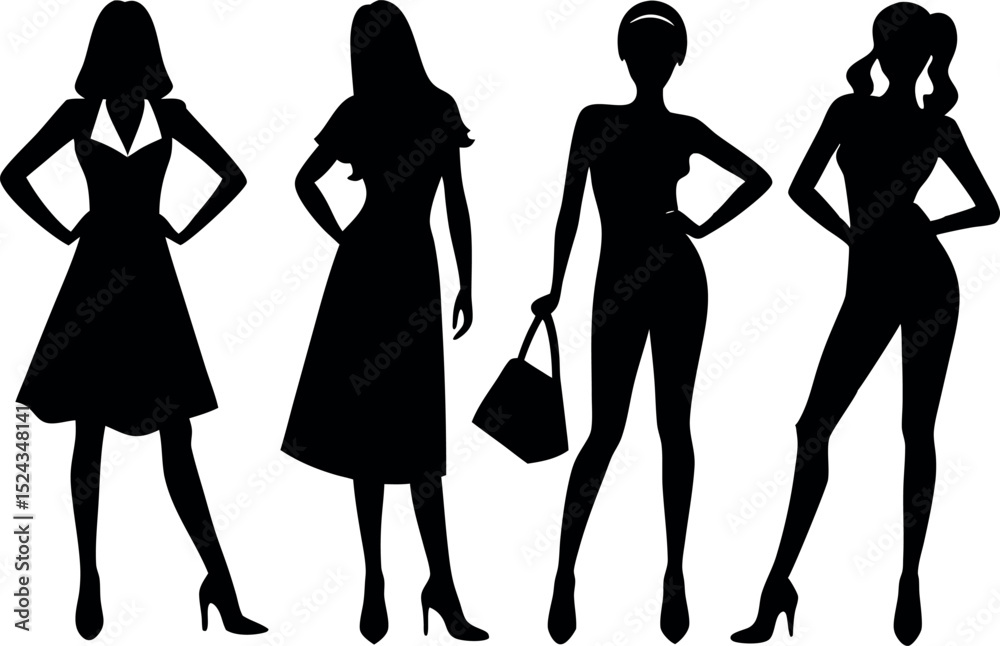 Fototapeta premium Silhouettes of four fashionable women in various poses and outfits vector art