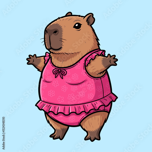 Adorable anthropomorphic hamster wearing pink dress standing on light blue background full of charm and whimsy
