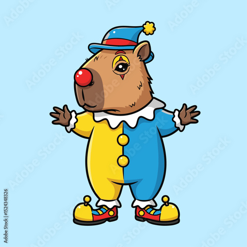 Cute bear clown dressed in colorful costume performing at circus shows