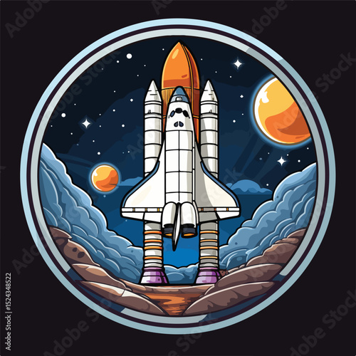 Space explorer patch emblem: spaceship taking off in outer space illustration