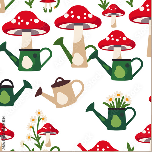 Mushroom and Watering Can Pattern- Playful Garden Design- Whimsical Wallpaper- Cute Botanical Illustration- Fun Gardening Theme- Ideal for Kids Rooms- Nature Inspired Art