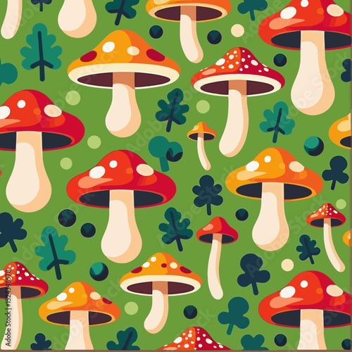 Mushroom Delight - Whimsical Pattern of Colorful Mushrooms and Forest Foliage - Fun and Playful Design for Nature Lovers - Brighten Your Space with this Cheerful Image
