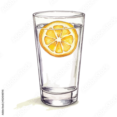 Watercolor Illustration of a Tall Glass with Lemon Slice Refreshing Drink