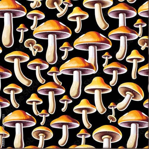 Mushroom Mania - Vibrant Pattern of Fungi on Black Background - Perfect for Textiles and Designs - Add a Whimsical Touch to Your Project with This Unique Artwork