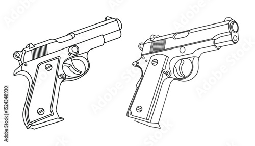 Vector Line Art of Handgun Pistols Black and White Firearm Illustration.