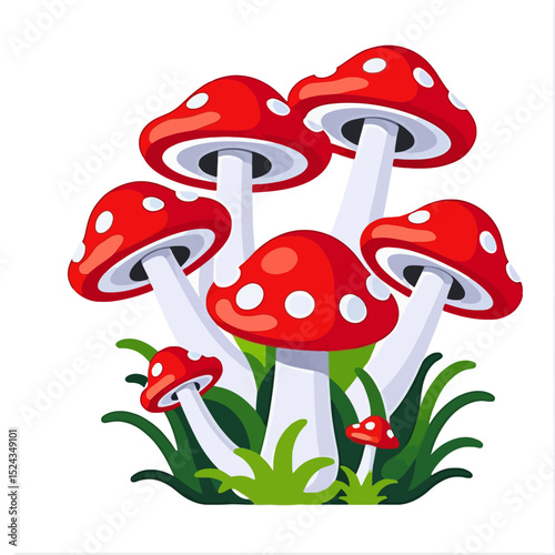 Red Mushroom Cluster Illustration-Whimsical Toadstools in Grass-Cute Cartoon Fungi-Fantasy Forest Design-Mushroom Art for Kids-Magical Woodland Scene
