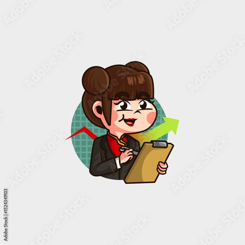 cute cartoon mascot logo of a chinese woman who is analyzing business and company getting a rapid increase in profit graph