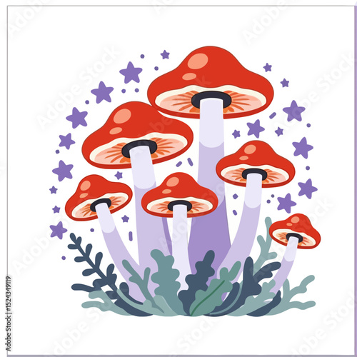 Red Mushroom Illustration- Magical Forest Fungi Art- Whimsical Nature Scene- Cartoon Mushroom Cluster- Stars and Botanical Elements- Cute Fungi Graphic