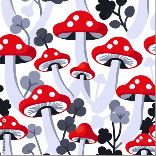 Red Mushroom Illustration-Seamless Pattern with Toadstools and Foliage-Whimsical Forest Design-Nature-Inspired Artwork-Playful Mushroom Print-Modern Wallpaper Design