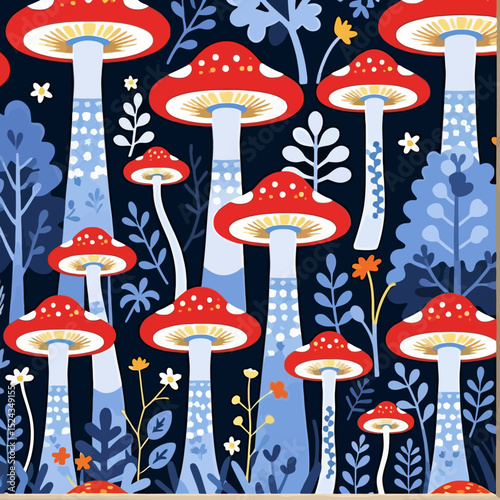 Red Mushroom Pattern Illustration-Whimsical Forest Design with Toadstools-Nature Inspired Art for Home Decor-Colorful and Playful Fungi Image-Botanical Illustration