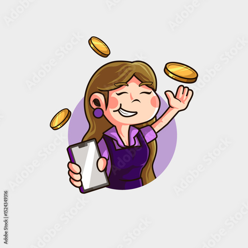 cute cartoon mascot logo of a beautiful wife who is happy while holding a gadget because she can do business to make money even from home and housework