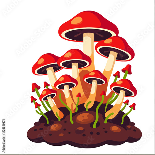Red Mushrooms Growing in Patch of Dirt- Cartoon Fungus Illustration- Edible or Poisonous Mushroom Clipart- Forest Floor Scene with Wild Mushrooms