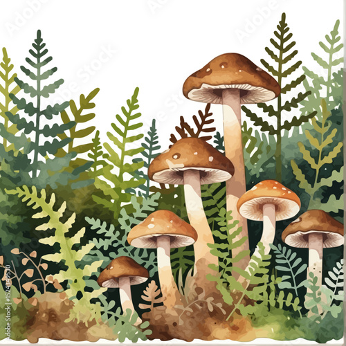 Watercolor Mushroom Forest Scene - Enchanting Woodland Art with Ferns - Cute Fungi Illustration for Nature Lovers - Magical Forest Decor
