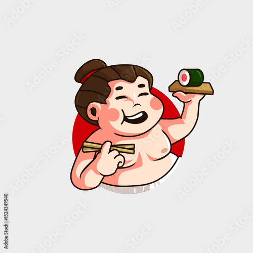 cute cartoon mascot logo of a happy sumo wrestler eating sushi with chopsticks