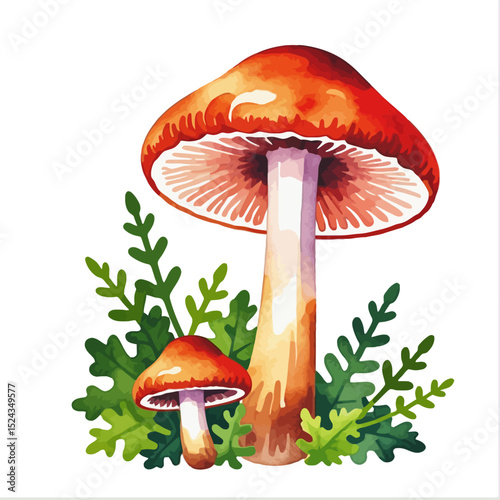 Watercolor Mushroom Painting-Detailed Fungi Illustration with Green Leaves-Botanical Art Print-Orange and White Mushrooms-Nature Inspired Artwork-Forest Floor Design