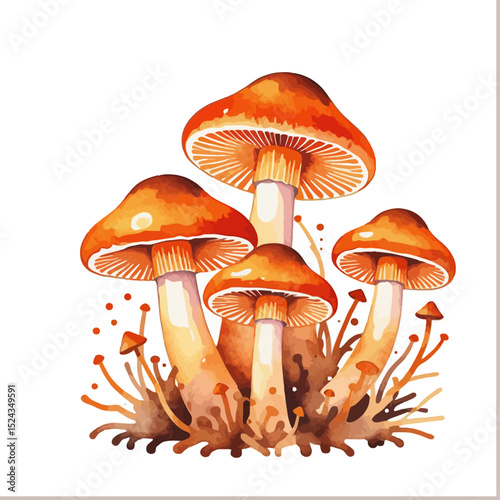 Watercolor Mushroom Painting-Beautiful Orange Mushrooms-Forest Fungi Art-Unique Mushroom Illustration-Botanical Mushroom Design-Nature Inspired Artwork