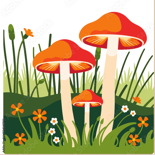 Whimsical Mushroom Garden Illustration-Colorful Toadstools and Wildflowers Art-Charming Nature Scene for Kids-Fantasy Forest Design-Cute Botanical Print-Magical Woodland Decor