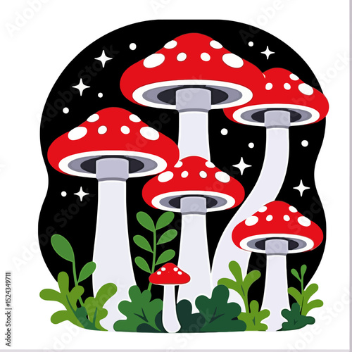 Whimsical Mushroom Forest-Red Toadstools with White Spots-Magical Night Scene with Stars-Enchanting Forest Illustration-Mushroom Art Print-Nature Inspired Decor