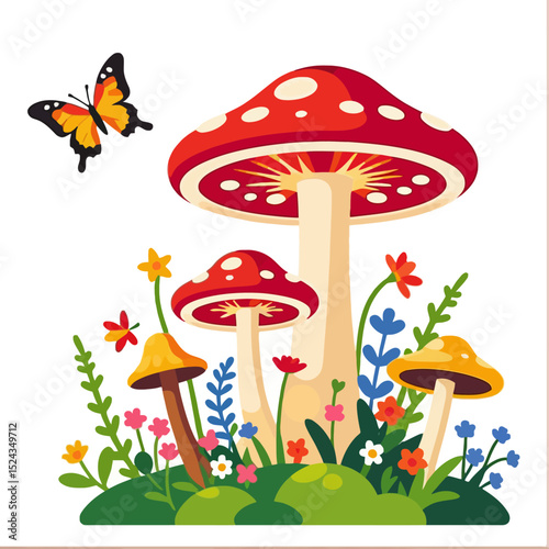 Whimsical Mushroom Garden with Butterfly-Cute Illustration of Colorful Toadstools and Flowers-Fantasy Nature Scene for Kids-Bright and Cheerful Cartoon Art