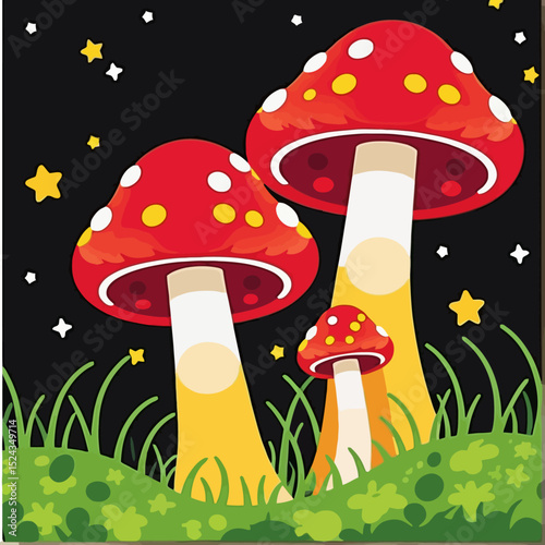 Whimsical Mushroom Illustration - Colorful Toadstools in a Starry Night Setting - Enchanting Forest Art with Red and Yellow Accents - Cute Fungi Graphics