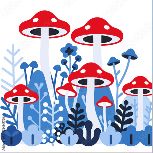 Whimsical Mushroom Illustration-Bright Red and Blue Fungi-Artistic Forest Scene-Charming Nature Design-Playful Mushroom Art-Colorful Fungi Pattern-Enchanting Mushroom Landscape