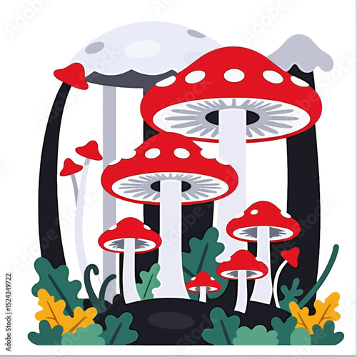 Whimsical Mushroom Illustration-Red and White Toadstools-Cute Forest Scene-Nature Art-Mushroom Decor-Magical Fungi-Botanical Illustration-Enchanted Forest Theme