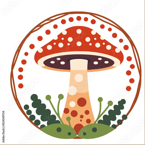 Whimsical Mushroom Illustration-Cute Fungi Art with Polka Dots-Retro Style Toadstool Graphic-Nature Inspired Design-Perfect for Posters and Prints-Boho Chic Decor