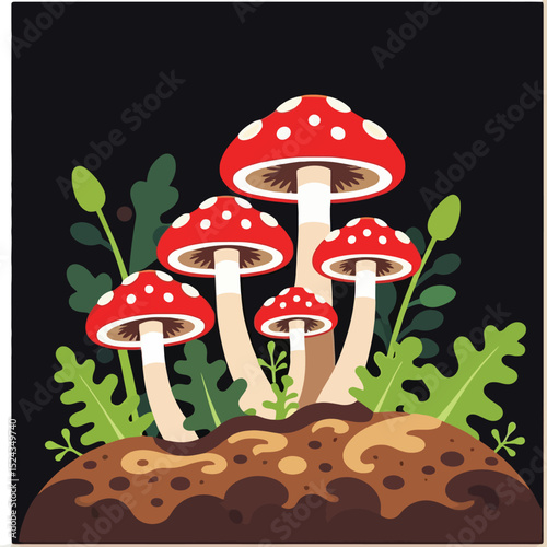 Whimsical Mushroom Patch Illustration- Enchanting Forest Scene with Red and White Toadstools- Nature Art for Children's Decor- Fairy Tale Inspired Artwork- Playful Fungi Design