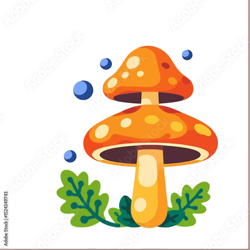 Whimsical Mushroom Illustration-Cute Cartoon Toadstool with Spots and Green Leaves-Magical Forest Fungus Graphic-Fantasy Nature Clipart-Playful Mushroom Design-Orange and Yellow Mushroom Image