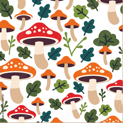 Whimsical Mushroom Pattern-Cute Fungi and Foliage Design-Colorful Mushroom Illustration for Textile Print-Nature Inspired Background with Toadstools and Leaves-Fun Botanical Art
