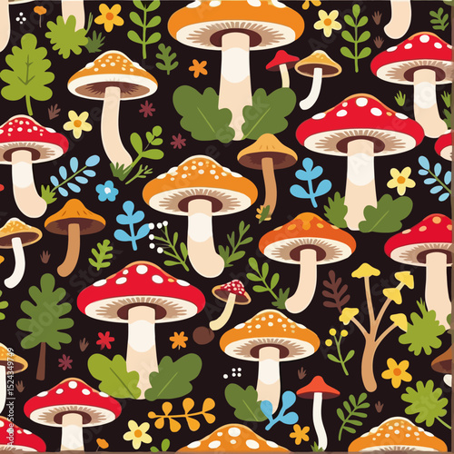 Whimsical Mushroom Pattern-Cute Colorful Toadstools-Forest Floor Delight-Nature Inspired Art-Woodland Design-Playful Fungi Illustration-Red and Orange Mushrooms-Floral Accents-Perfect for Crafts