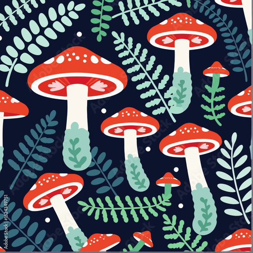 Whimsical Mushroom Pattern Design- Enchanting Forest Theme with Red Toadstools and Ferns- Perfect for Fabric Designs and Autumn Crafts- Nature Inspired Art Print