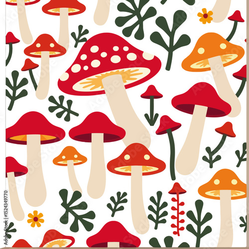 Whimsical Mushroom Pattern-Playful Fungi and Foliage Design-Colorful Illustration for Prints-Textiles and More-Adorable Nature Inspired Artwork-Creative Mushroom Theme