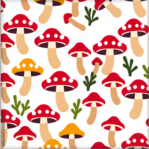 Whimsical Mushroom Pattern-Cute Red and Orange Toadstools-Forest Fungi Design-Playful Nature Illustration-Seamless Repeat Background-Ideal for Kids Crafts-Textiles and Wallpaper