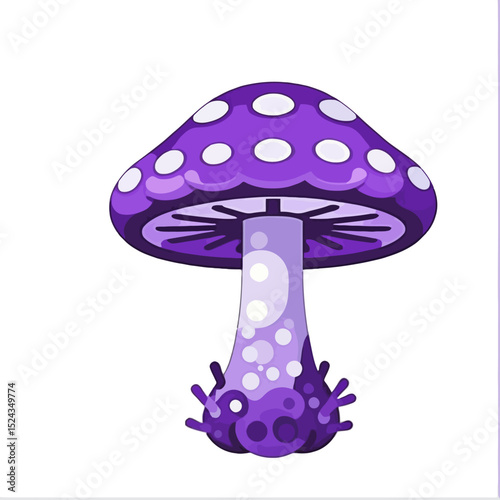 Whimsical Purple Mushroom Illustration - Cute Cartoon Fungi with White Spots - Fantasy Forest Mushroom Art - Detailed Vector Graphic of a Magical Toadstool