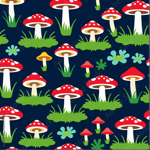 Whimsical Mushroom Pattern-Red & White Toadstools on Blue Background-Cute Floral Accents-Playful Nature Design-Perfect for Children's Decor or Fantasy Crafts