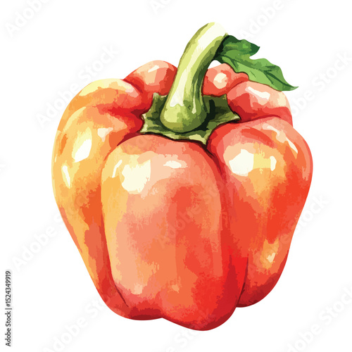 Watercolor Illustration of a Vibrant Red Bell Pepper with Green Stem and Leaves