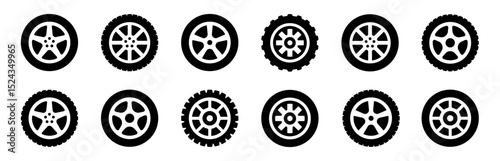 Car wheel icons set. Black wheel tires silhouette collection. Auto wheel disks.