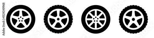 Car wheel icons set. Black wheel tires silhouette collection. Auto wheel disks.