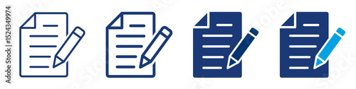 Document with pen set icons. Business contract vector symbol. Writing pad icon.